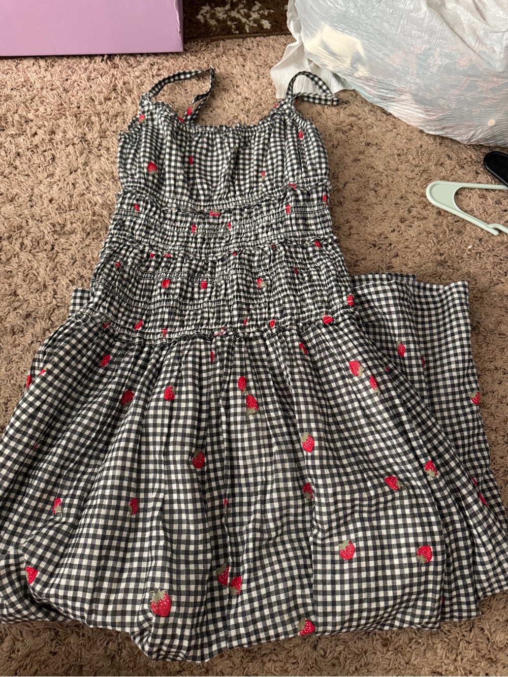 Abercrombie Black & White Gingham Dress with Red Strawberry Embroidery